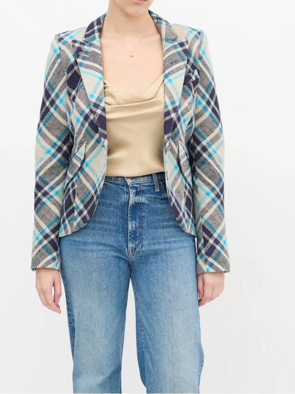 Smythe Tailored Plaid Blazer in Navy, Cream & Turquoise